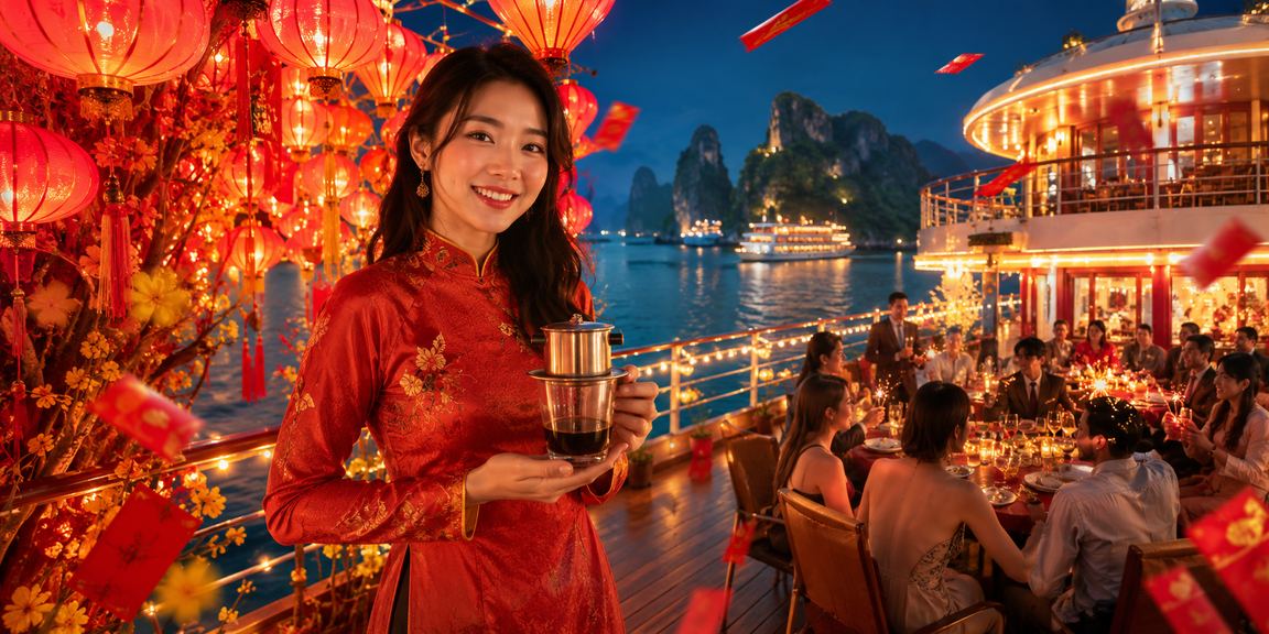 Người dùng thư giãn bên ly cà phê nhìn ra vịnh Hạ Long trong buổi sáng bình yên